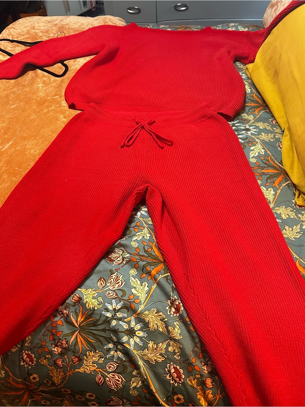Bright Red Ribbed Knit Lounge Pants and Top